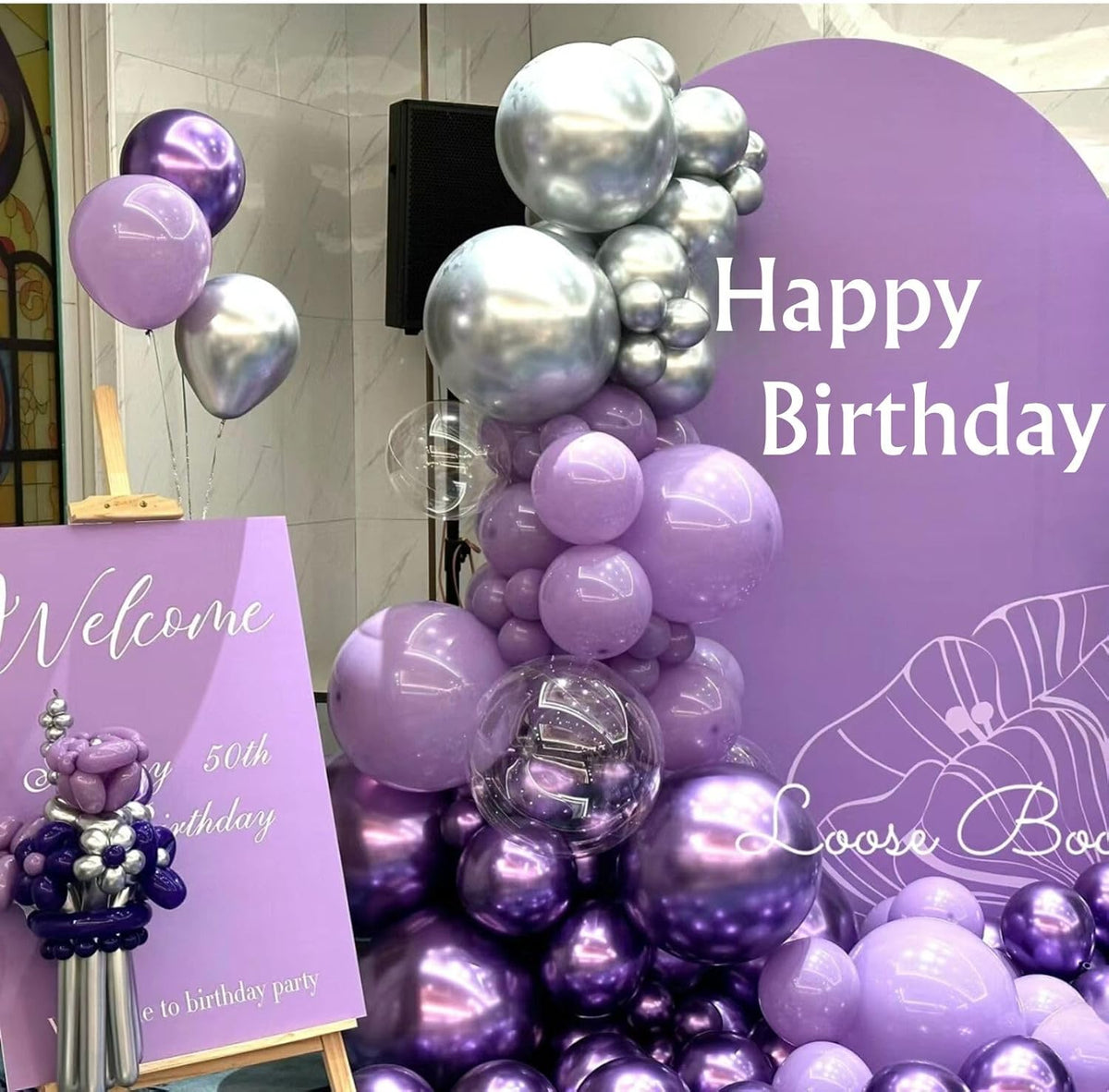 FunHot Silver and Purple Balloons, 60Pcs 12 Inch Metallic Silver Confetti and White Latex for Girls