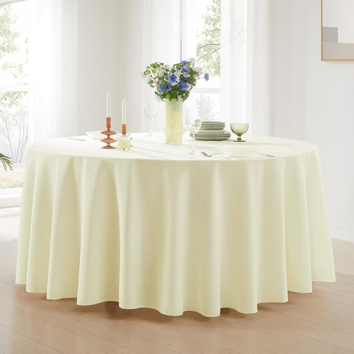 Round Tablecloth 6 Pack 90 Inch Ivory Tablecloths Washable Decorative Linen Polyester Table Clothes