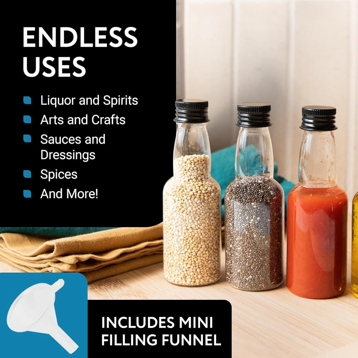 IMPRESA Mini Plastic Bottles - 75ml (2.5oz), Clear, 50-Pack - Liquor Containers with Airtight Caps