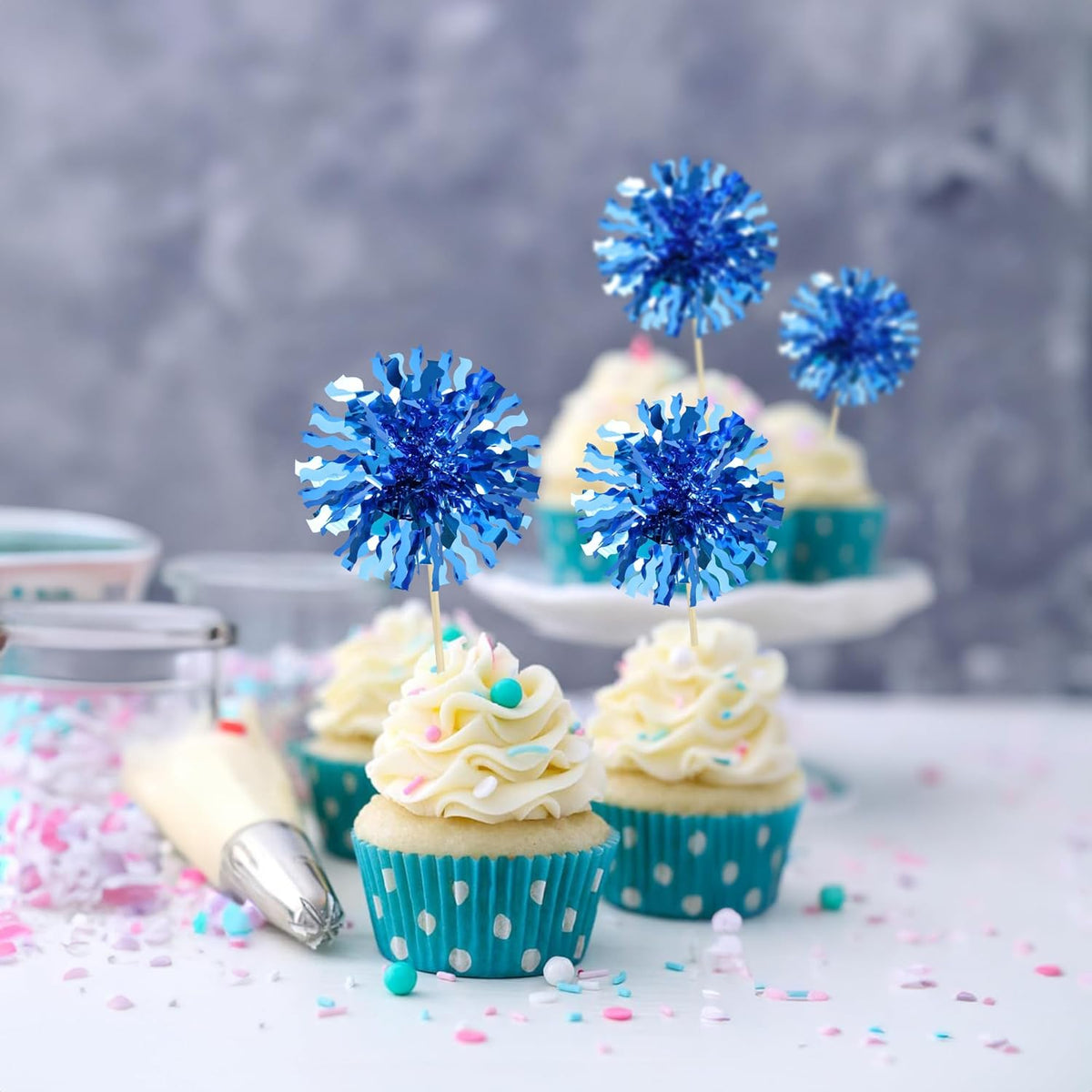 Ephlyn 30Pcs Foil Firework Cupcake Toppers Blue Tinsel Flower Drink Stirrers Cocktail Food Fruit