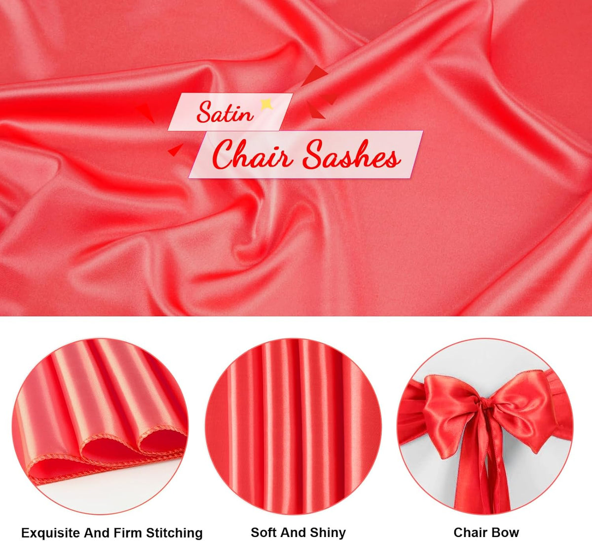 10 PCS Red Satin Chair Sashes Bows Universal Chair Ribbon Ties Back Sash for Wedding Party