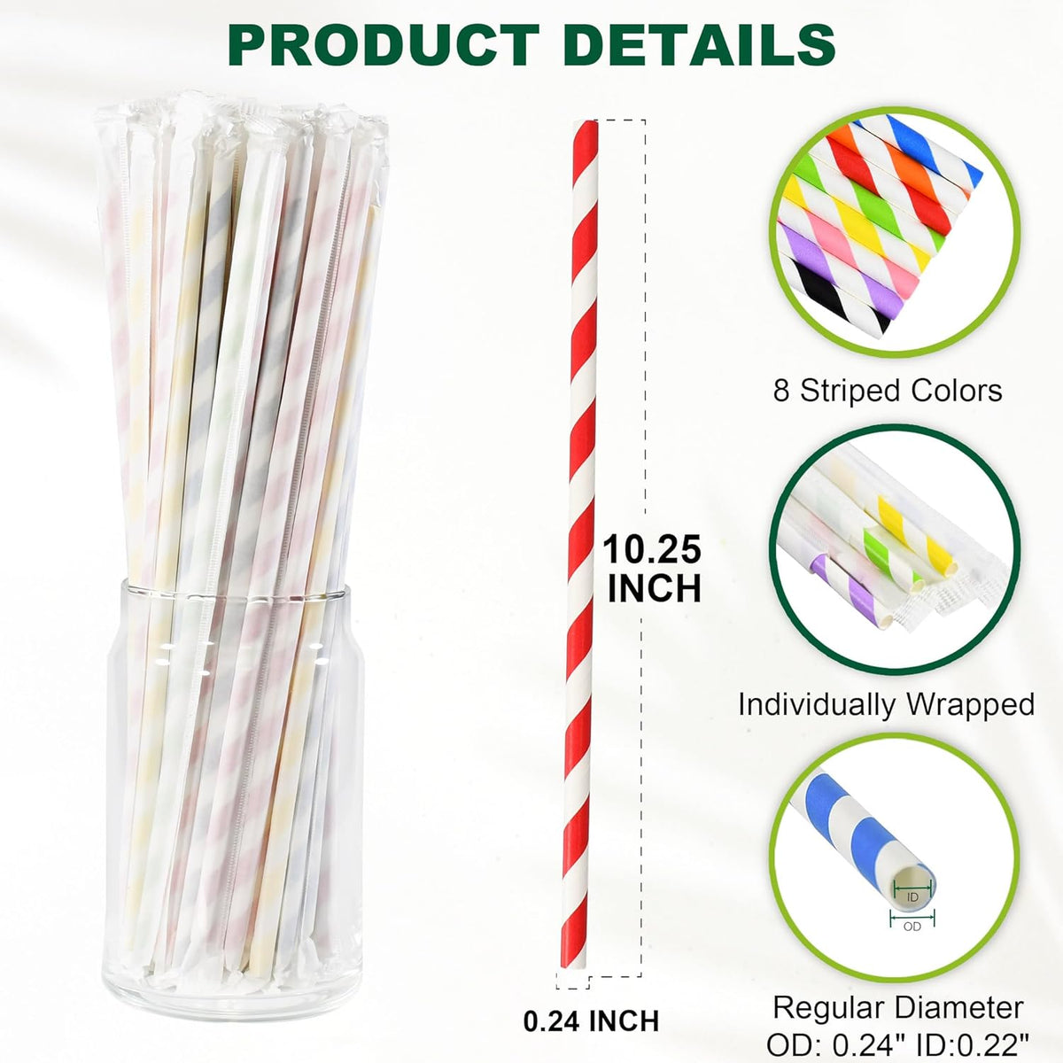 10.25 Inch Long Disposable Paper Straws Biodegradable Individually Wrapped, 0.24" Dia. (Colorful