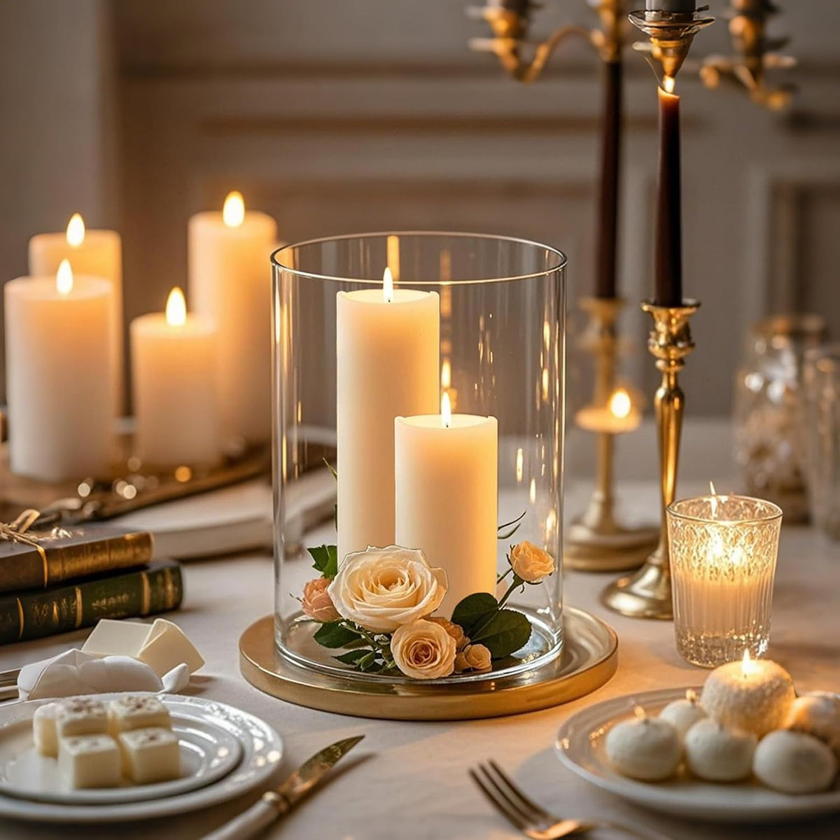 2Pcs Glass Cylinder Vases for Centerpieces, 6" x 4.7" Wide Mouth Flower Vase Hurricane Glass Candle