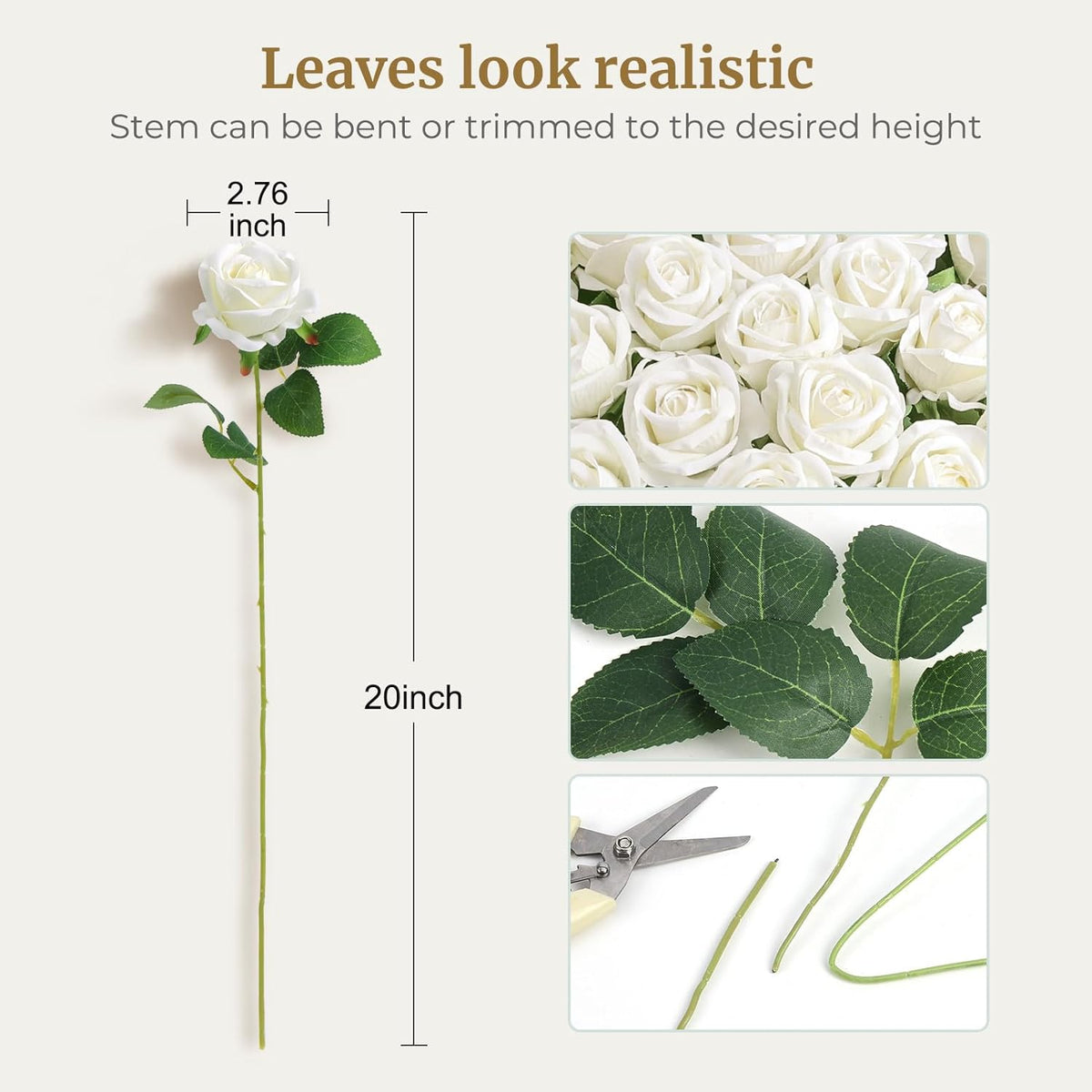 60PCS Artificial Roses Bulk, White Velvet Silk Fake Roses, Realistic White Flowers for Wedding