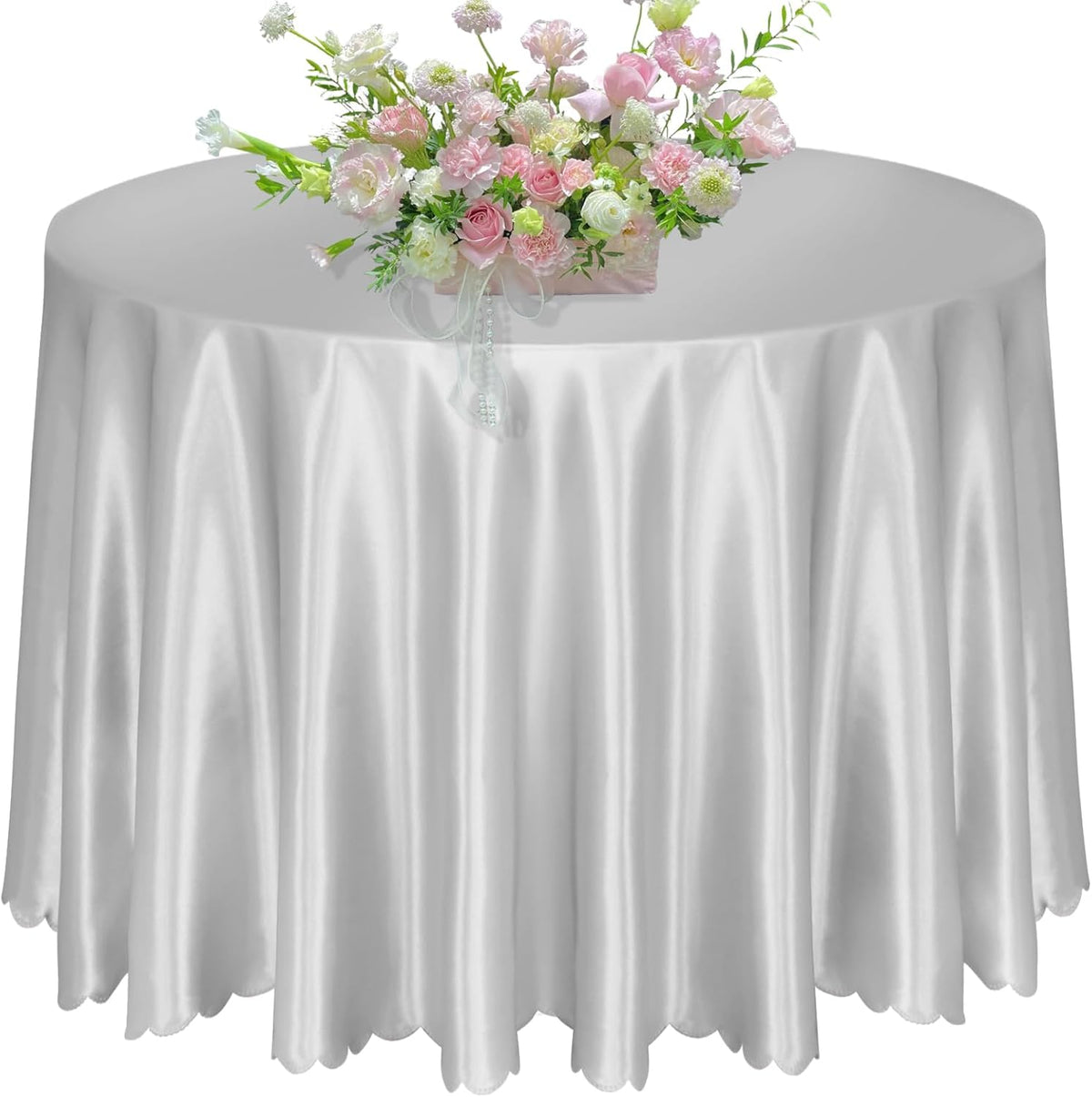 KKJIAF 1 Pack 108 Inch Round Table Cloth, Silver Overlay Round Satin Table Cover, Silky Satin