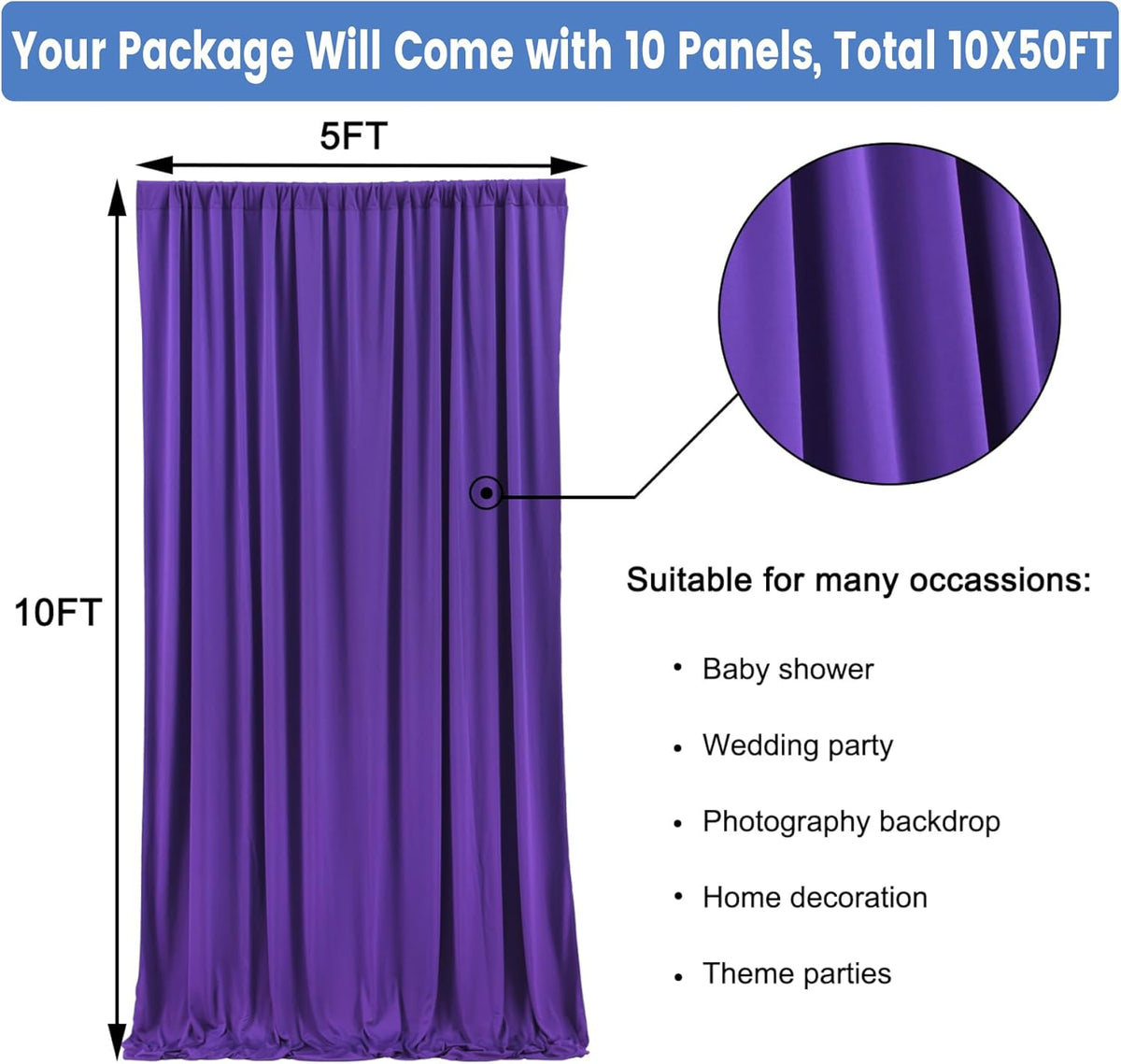 50 ft x 10 ft Wrinkle Free Purple Backdrop Curtain for Parties, 5ft x 10ft 10 Panels Polyester