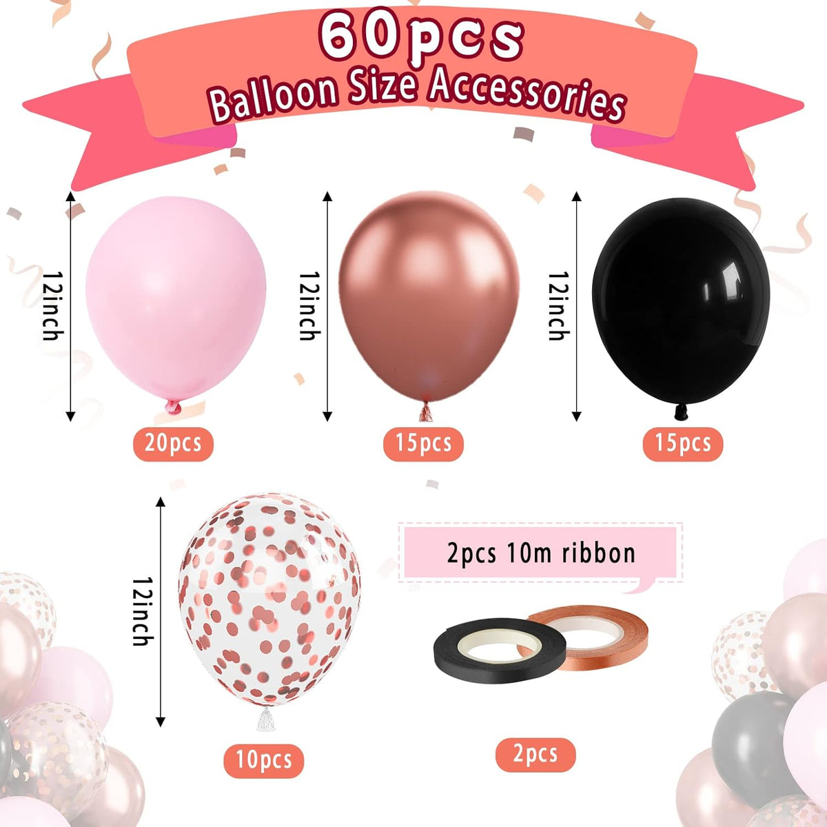 Paready Black Pink Latex Balloons, 60 Pcs 12 Inch Metallic Rose Gold and Confetti Balloons for