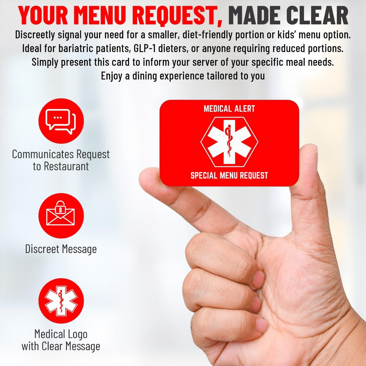 Bariatric Card for Restaurants, Special Menu Request Card, Portion Control Restaurant Request for