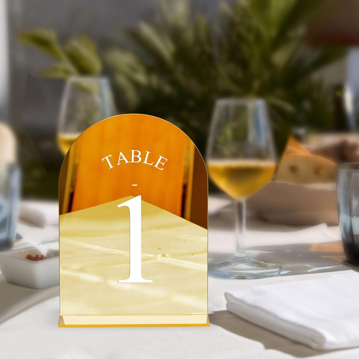 JOYIT Arch Wedding Table Numbers 1-10 with Stands – 5" X 7" Acrylic Mirrored Gold Table Number