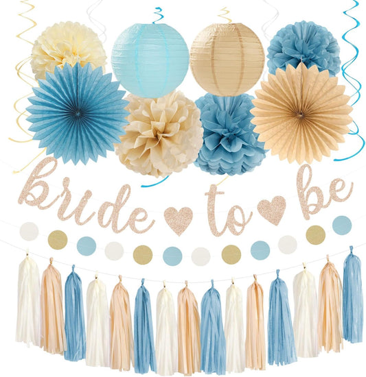 Light-Dusty Blue Beige-Champagne Bridal-Shower Party-Decorations - 31pcs Bride To Be Banner,Boho