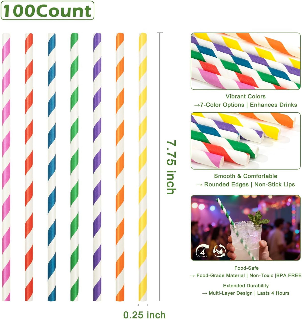 100 Pack Striped Paper Straws for Drinking– Sturdy & Non-Soggy – 100% Biodegradable disposable