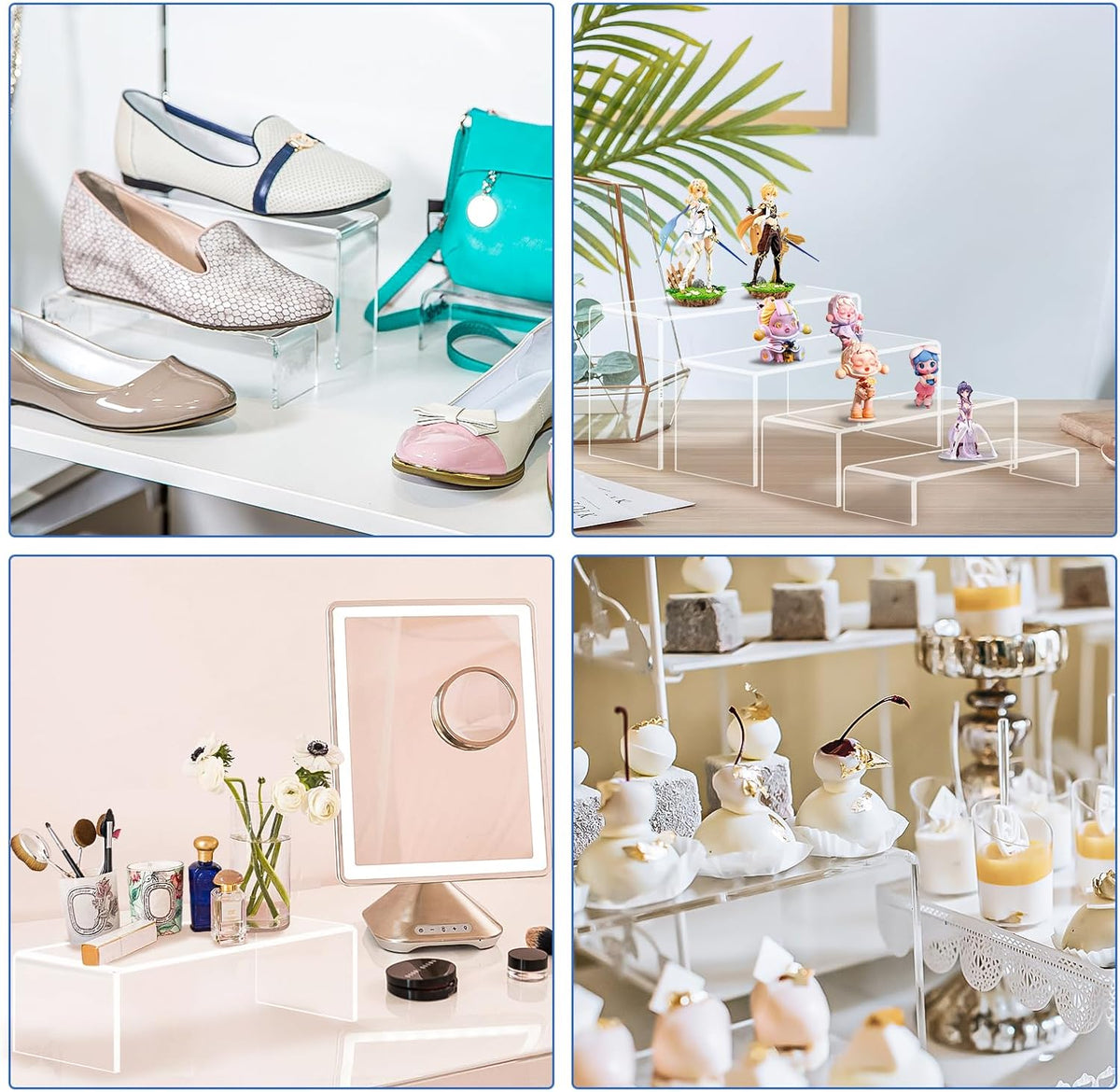 Aheroi Display Risers, 16 Pcs 4 Set(7”L~8”L~9”L) Acrylic Riser Display Shelf, Clear Risers Display
