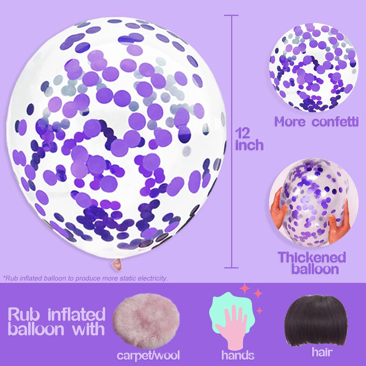 Purple Confetti Balloons, 25 Pcs Thickened 12 Inch Clear Latex Balloon with Confetti Inside for