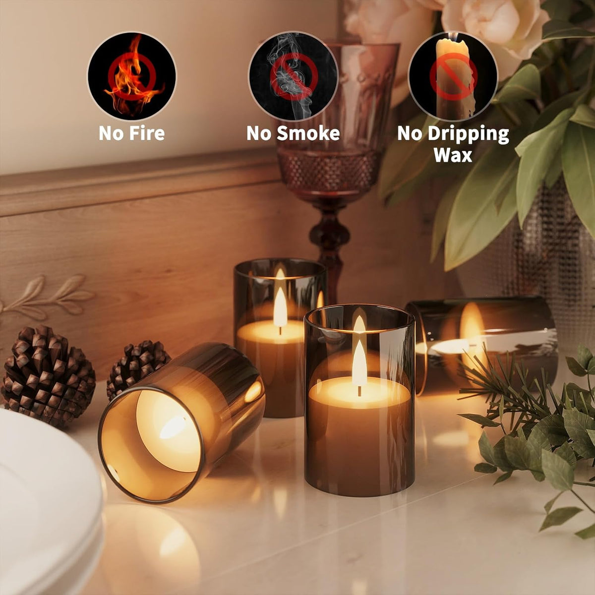 12Pack Flickering Flameless LED Candles with Timer, Battery Powered - Small Pillar & Votive, Black
