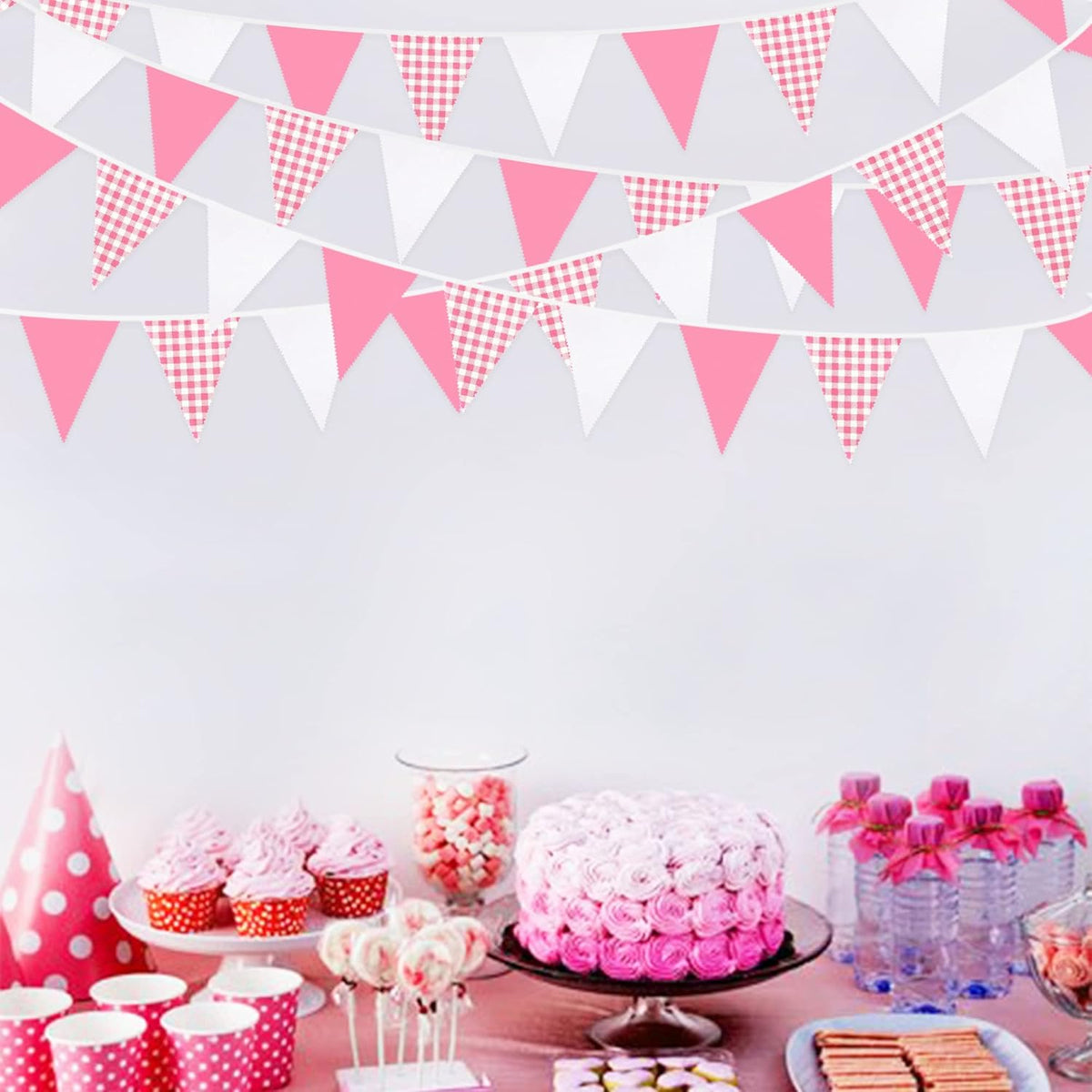 32Ft Hot Pink Plaid Checkered Pennant Banner Fabric Gingham Triangle Flag Bunting Garland Streamers