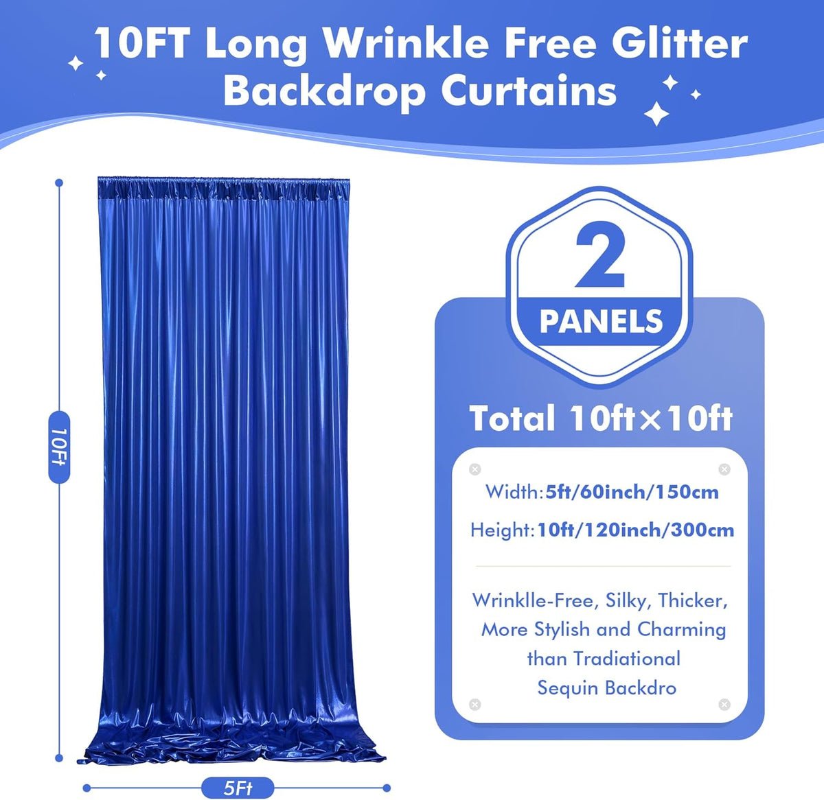 10x10ft Shimmer Royal Blue Sequin Backdrop Curtain for Parties, Thick Wrinkle Free Glitter Blue
