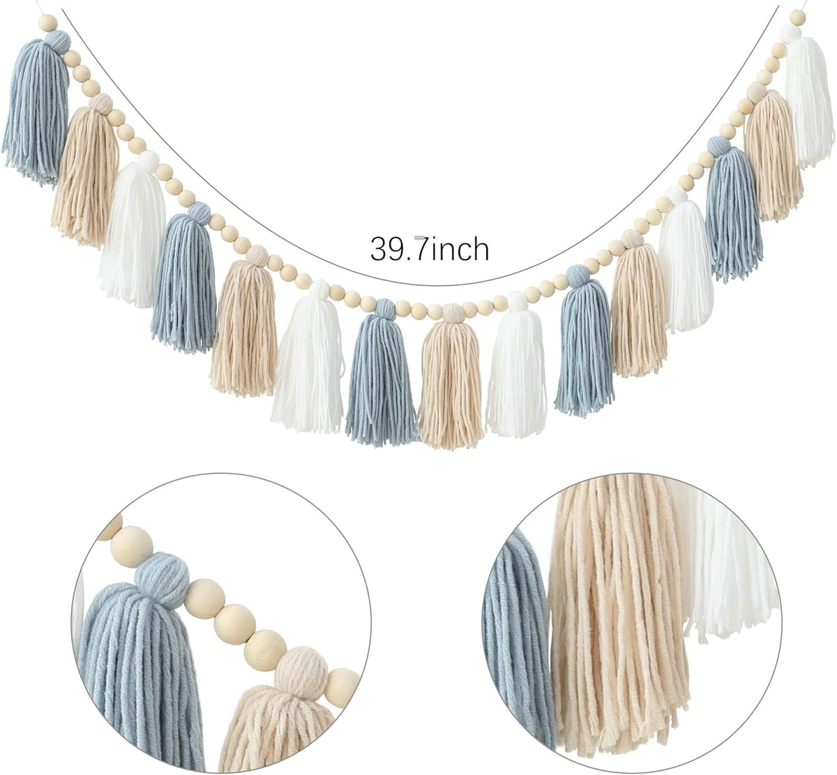 Boho Tassel Garland Wall Hanging with Wood Beads Blue Tassel Garland for Baby Shower Kids Room