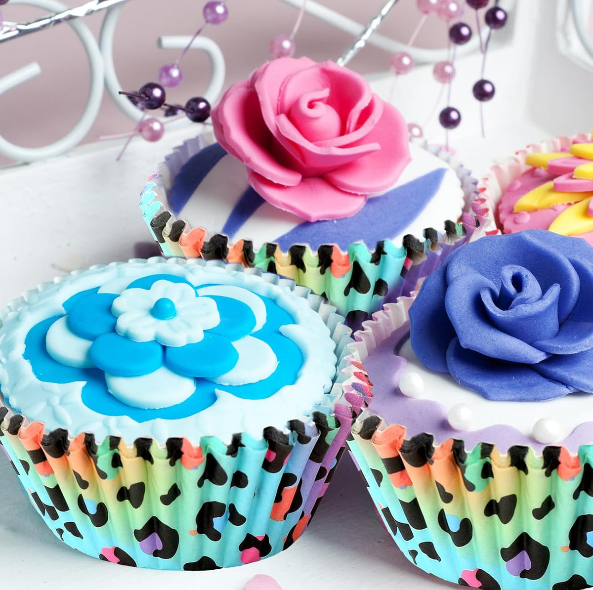 Whaline 300Pcs Leopard Print Cupcake Liner Neon Animal Spot Paper Baking Cup Rainbow Muffin Liner