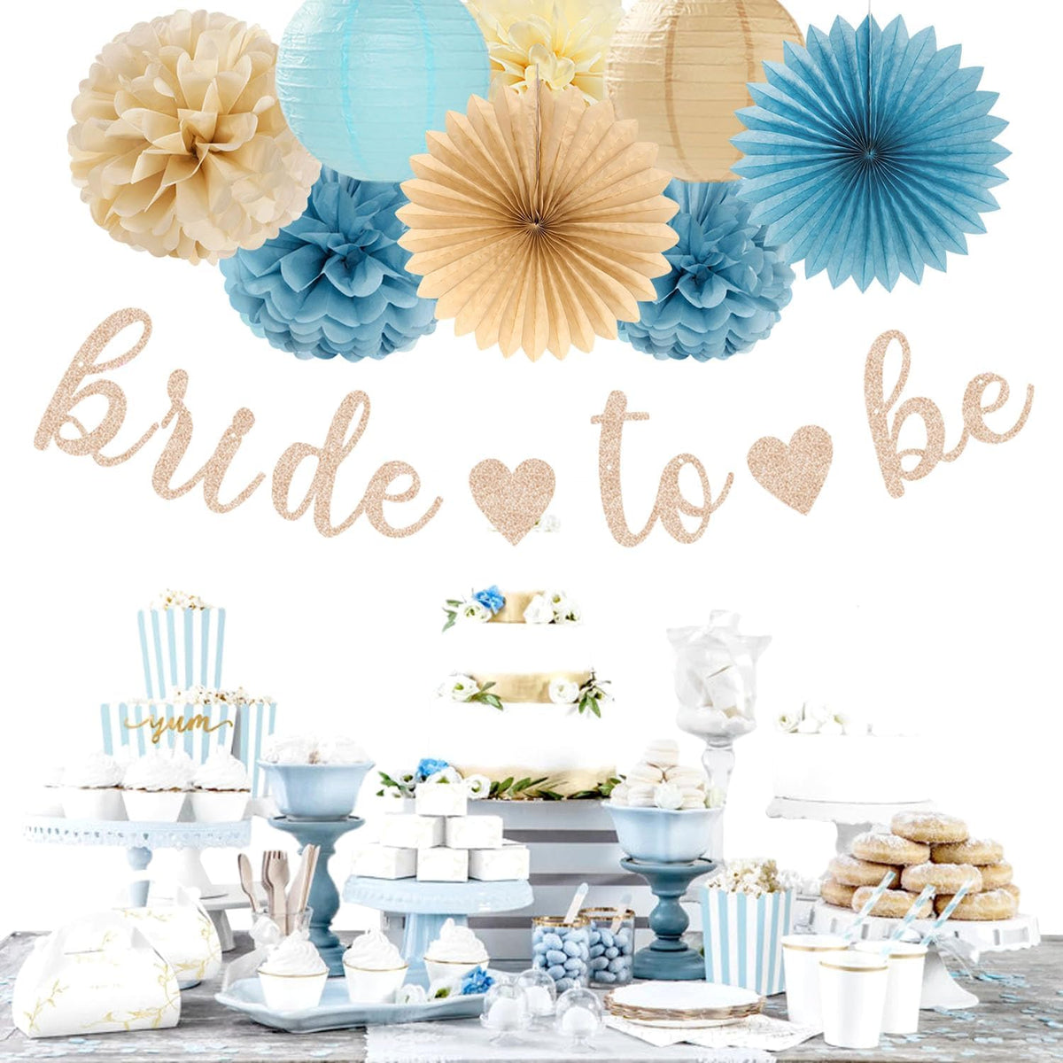 Light-Dusty Blue Beige-Champagne Bridal-Shower Party-Decorations - 31pcs Bride To Be Banner,Boho