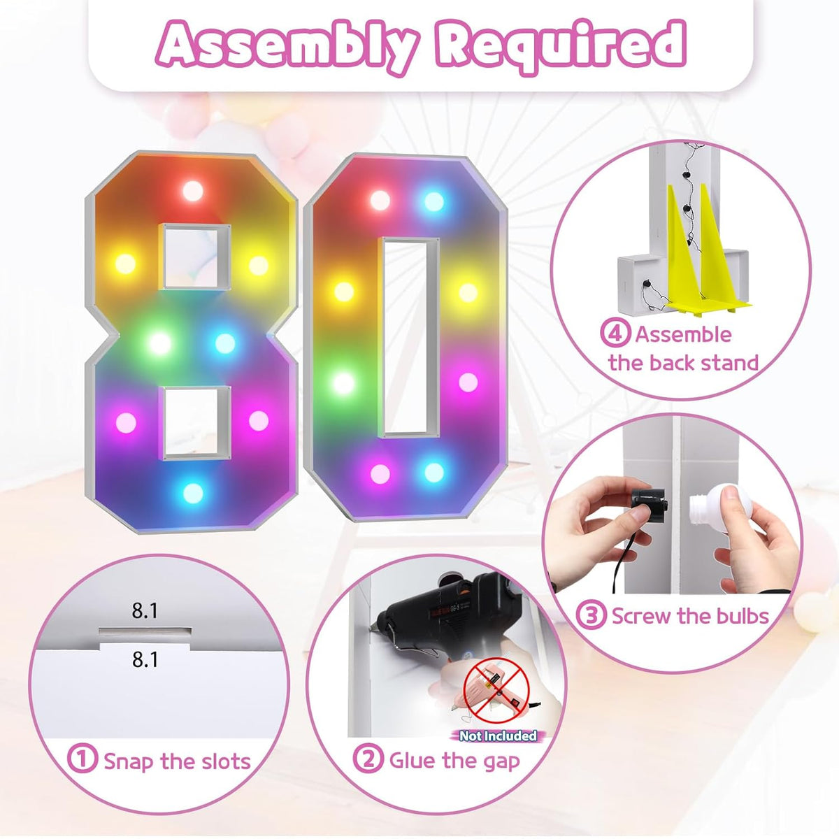 Marquee Numbers 80th-Birthday Decoration: Colorful 3FT Large Light Up 80 Year Old Birthday