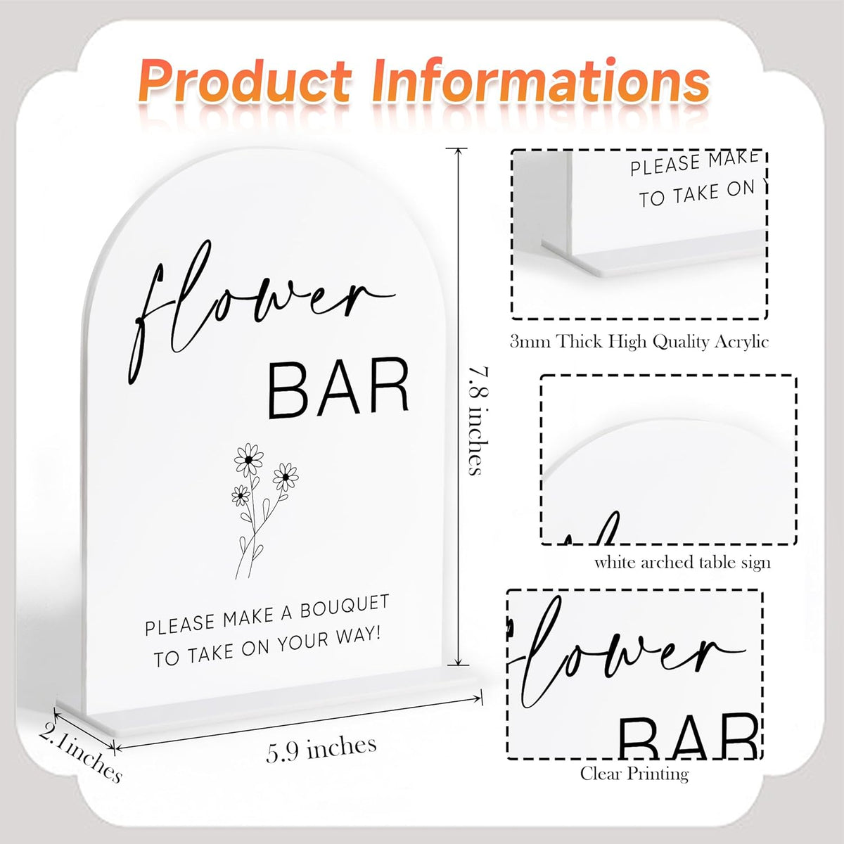Flower Bar Sign, White Arch Acrylic Wedding Sign, Flower Bar Supplies, Wedding Reception