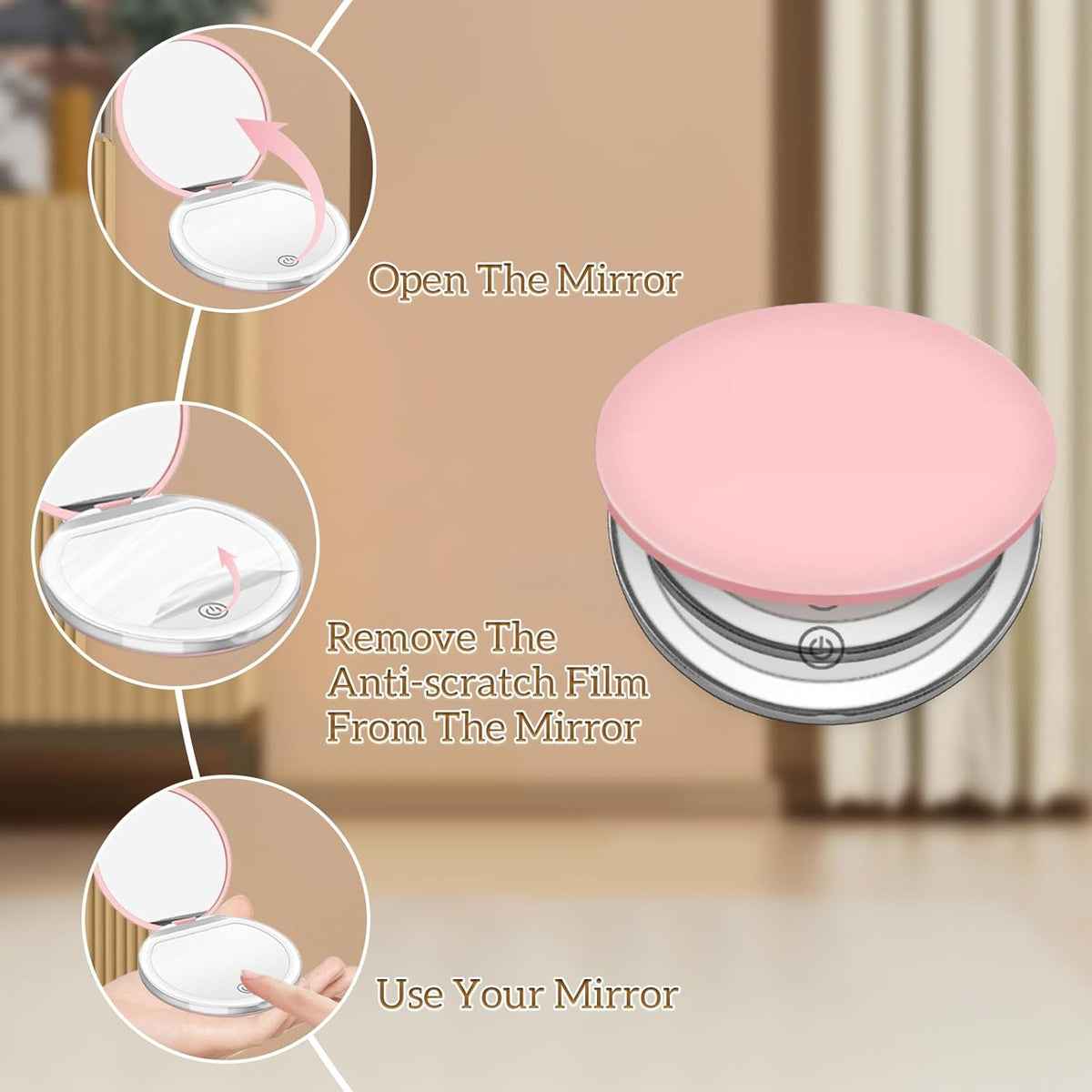 Compact Mirror with Light, 1X/3X Magnification LED Pocket Mirror with USB Data Cable,Mini Mirror