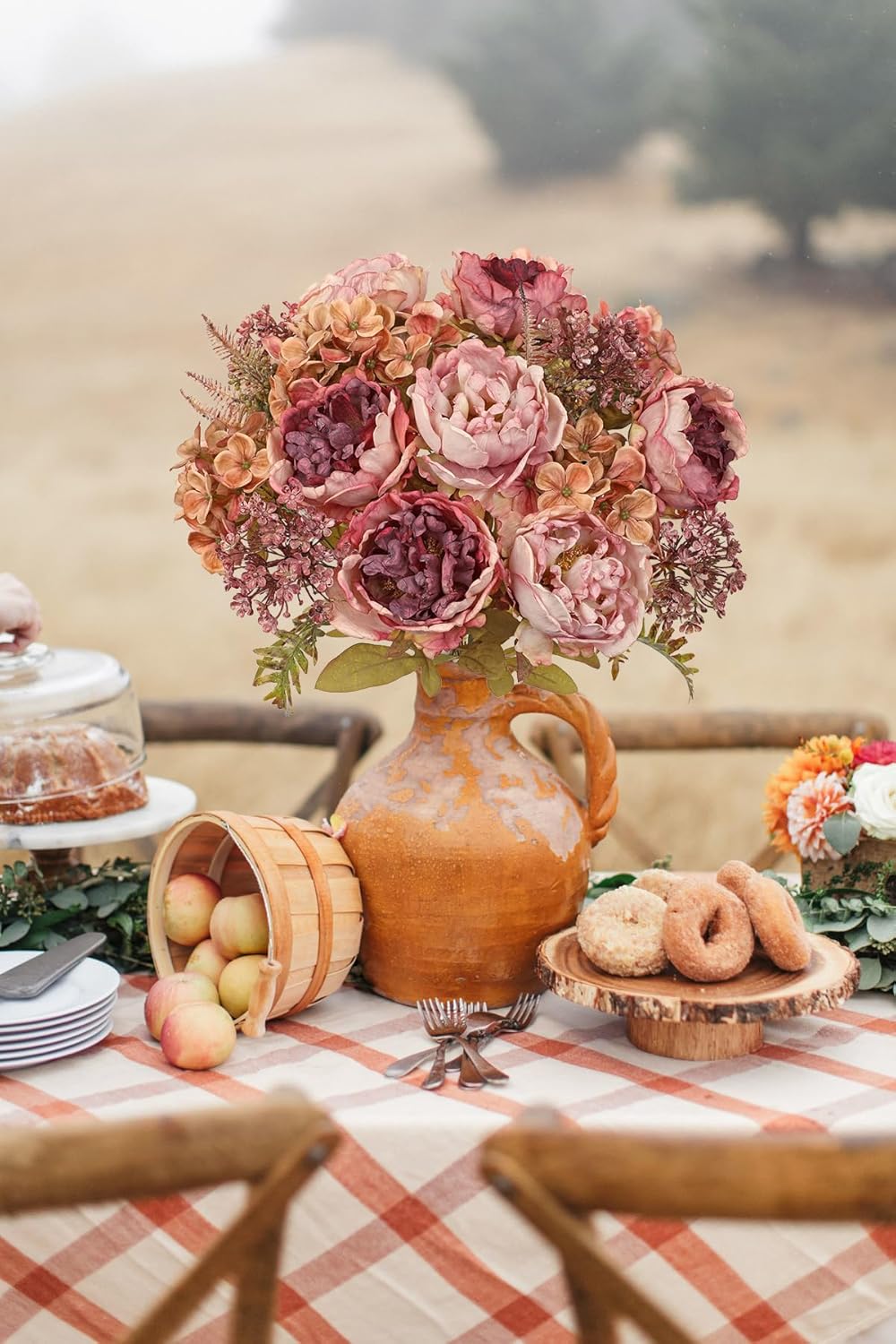 Hollyone 2Pcs Artificial Fall Flowers Bouquet 18.8" Pink Dried Peony Hydrangea Fake Fall Floral