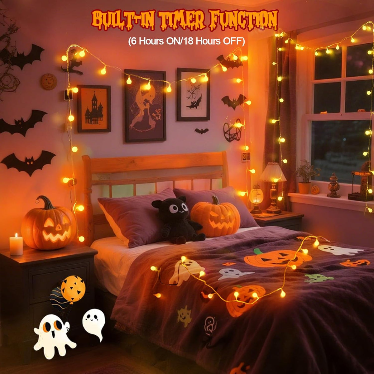 Connectable Orange Halloween Lights Outdoor Indoor - 43FT 100LED Globe String Lights Plug in with