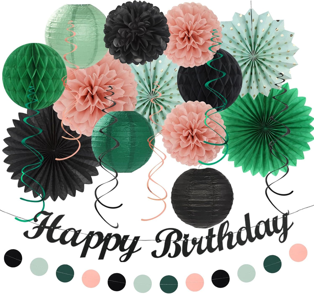Sage-Green Blush-Pink Black Birthday Party-decorations - 21pcs Girls Woman Happy Banner Garland