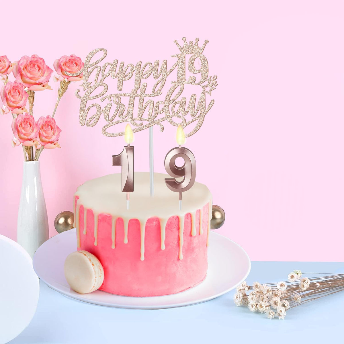 19th Birthday Decorations Including Birthday Sash, Tiara/Crown, Numeral Candles and Cake Topper, 19