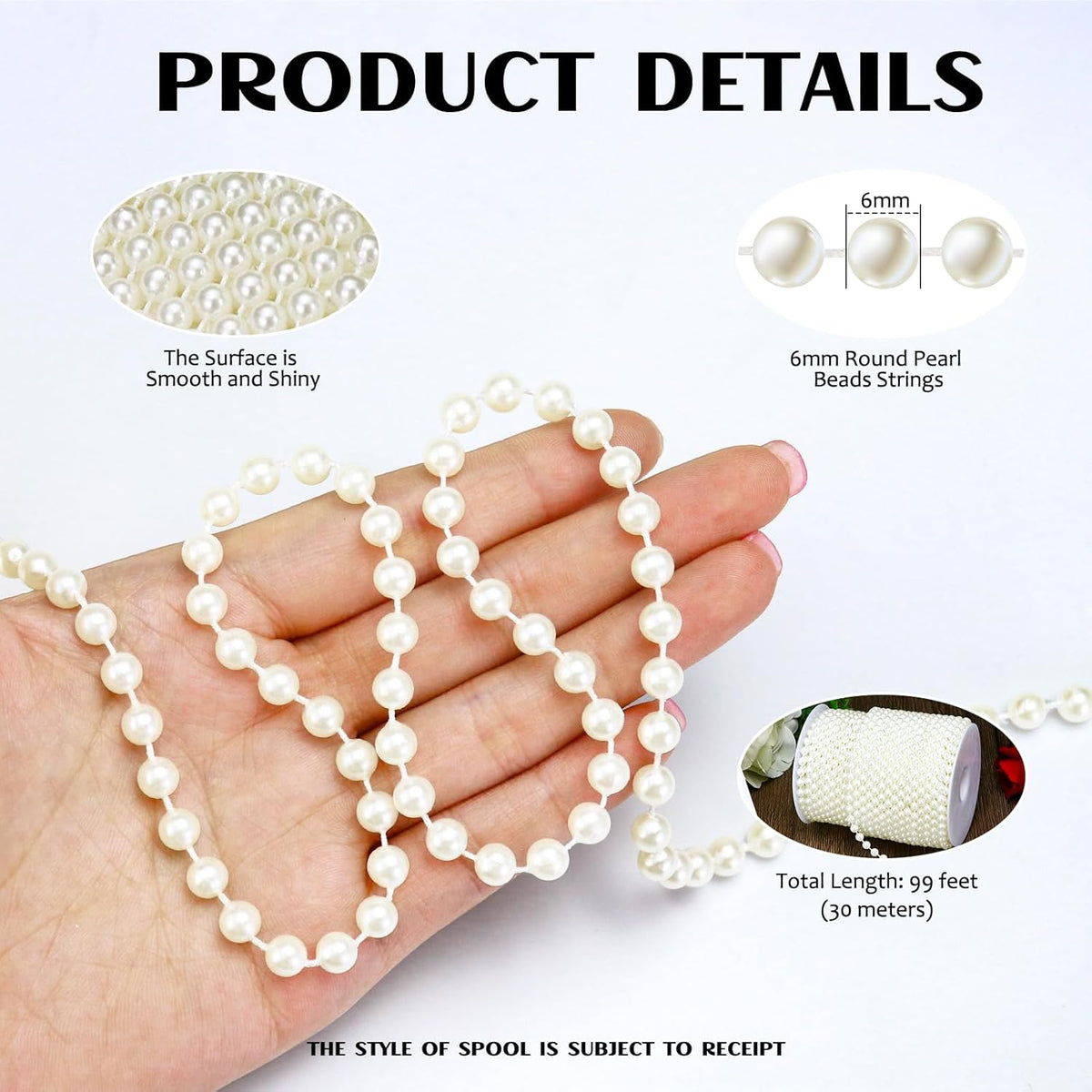 99 Feet 6mm Pearl Strings Garland for Crafts, Artificial Pearl Beaded Trim Chain Roll Strands for