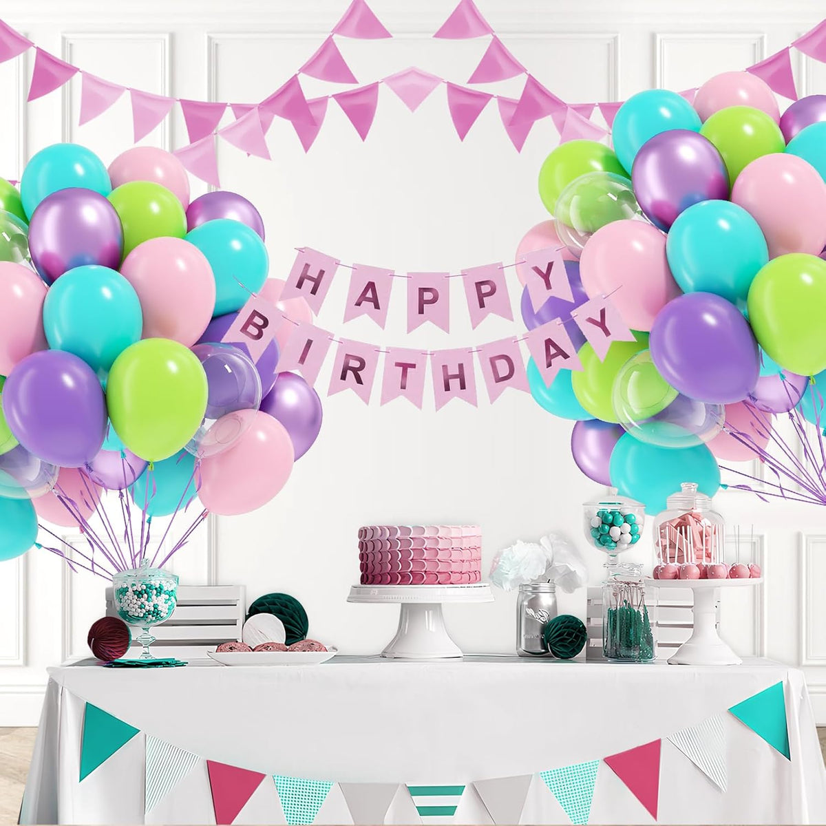 60pcs Blue and Green Balloons 12inch with Metallic Purple Lime Green Teal Light Pink Clear Balloons