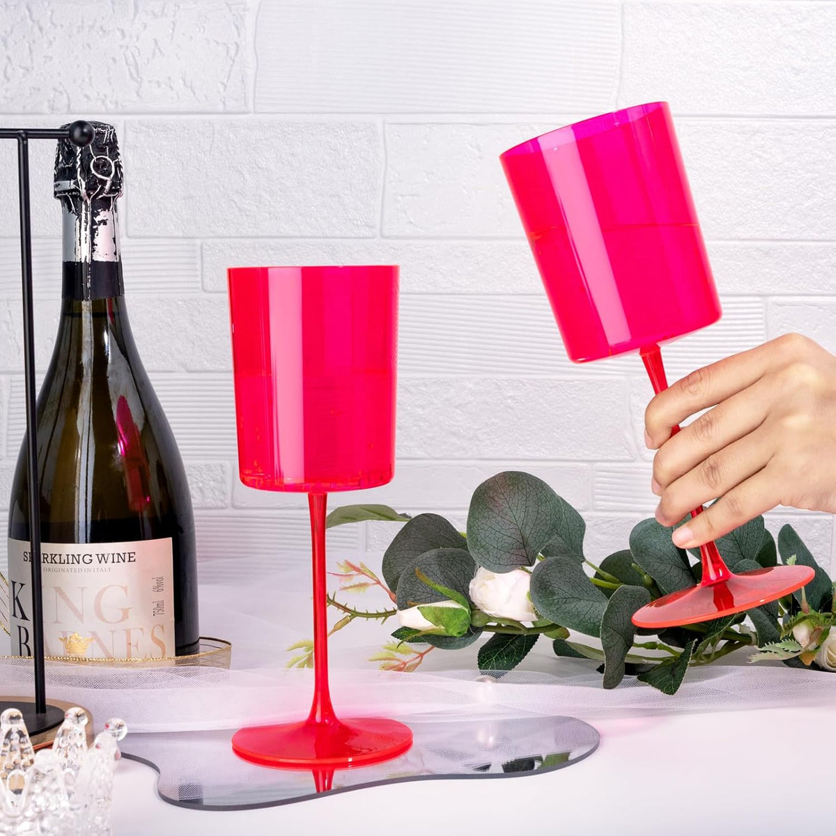 Ciaell 12 Pack Plastic Wine Glasses - 14Oz Hot Pink Plastic Wine Glasses With Stem - Disposable
