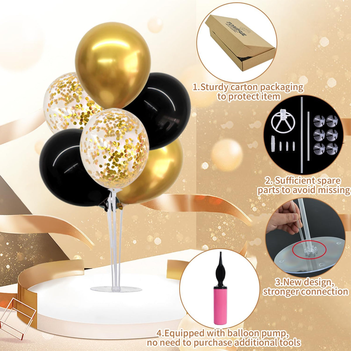 TONIFUL 4 Set Black Gold Balloon Centerpieces for Table,Balloon Stand Kit for Black Gold Party
