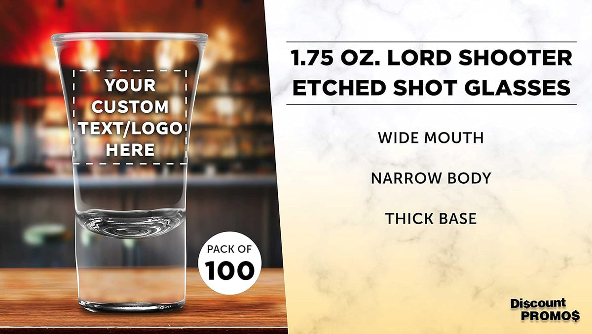 Custom 2 oz. Lord Shooter Etched Shot Glasses, 100 pack, Personalized Text, Logo, 21st Birthday