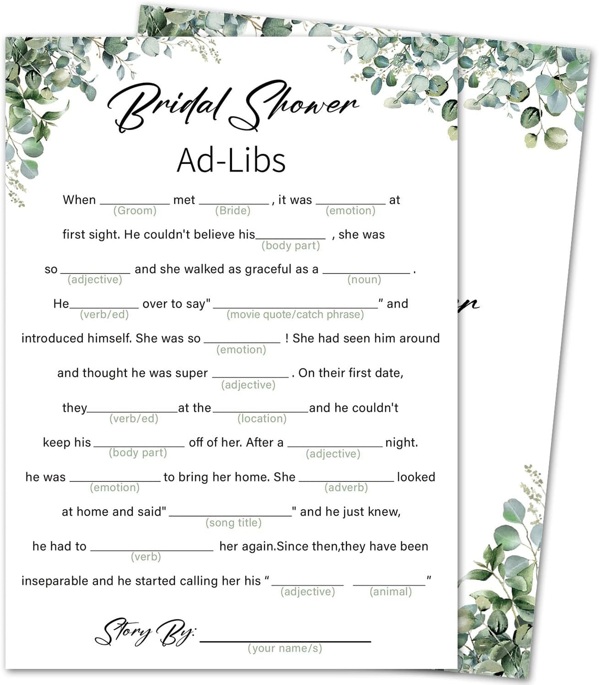Eucalyptus Bridal Shower Game Cards - Ad-libs Game, Wedding Engagement Bachelorette Party Bridal