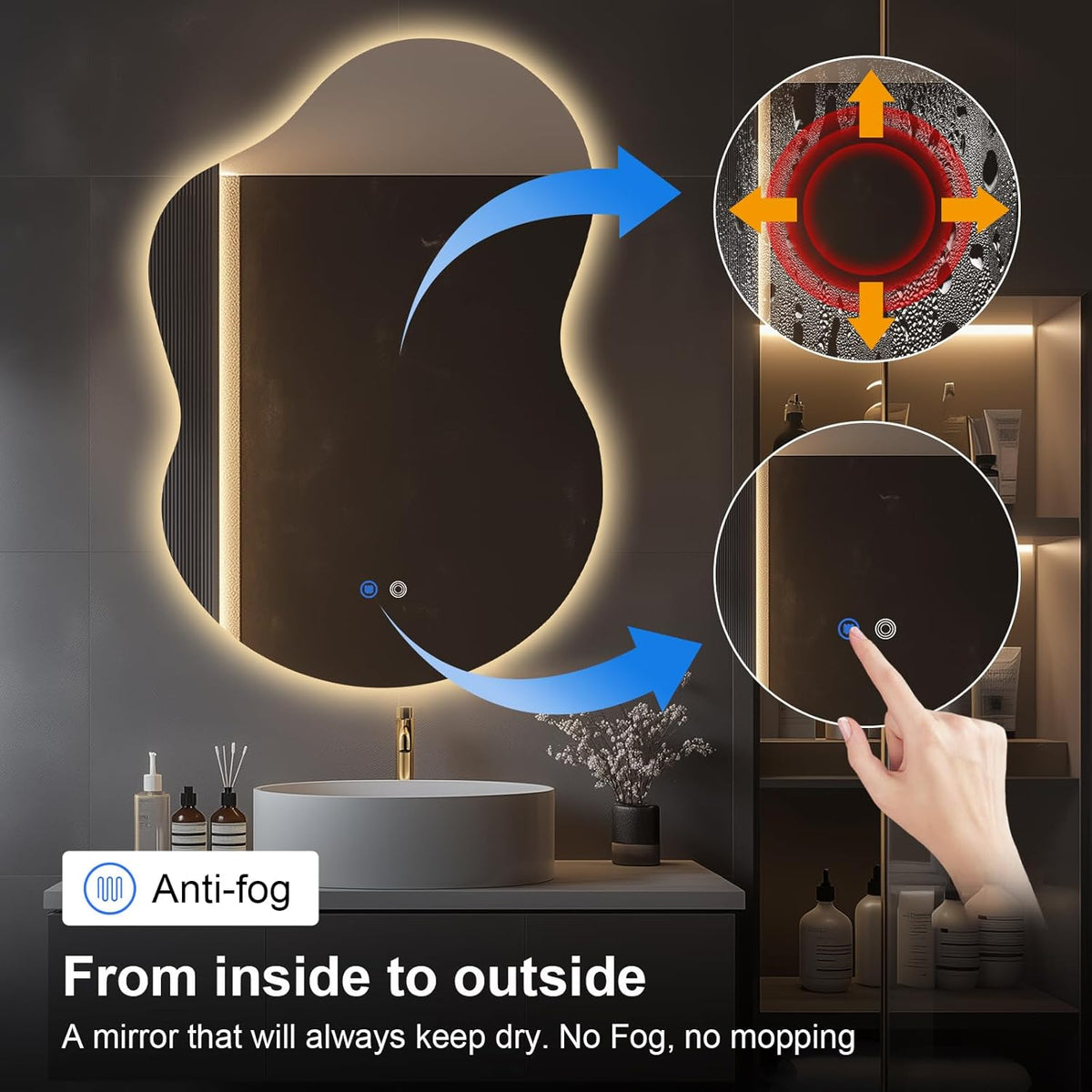 40"x30" Asymmetrical LED Bathroom Wall Mirror with Dual Lighting, Anti-Fog Pad, Dimmable Brightness