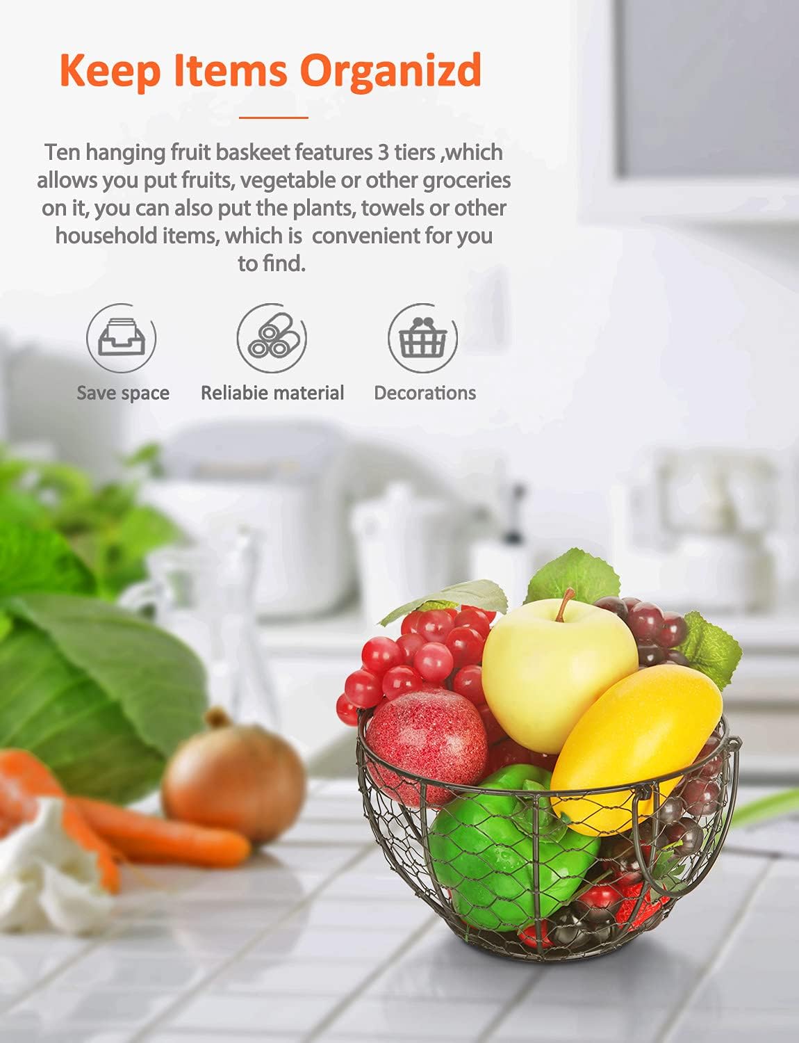 Round Wire Basket Black Fruit Basket Bowl Fruit Holder for Kitchen with Handle Black Home Storage