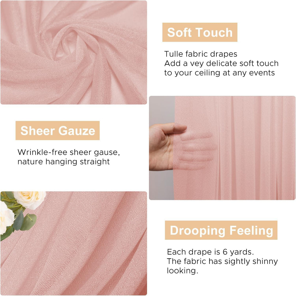 Wokceer Blush Wedding Arch Draping Fabric Backdrop 2 Panels 28.7" X 20FT Sheer Drapes Fabric for