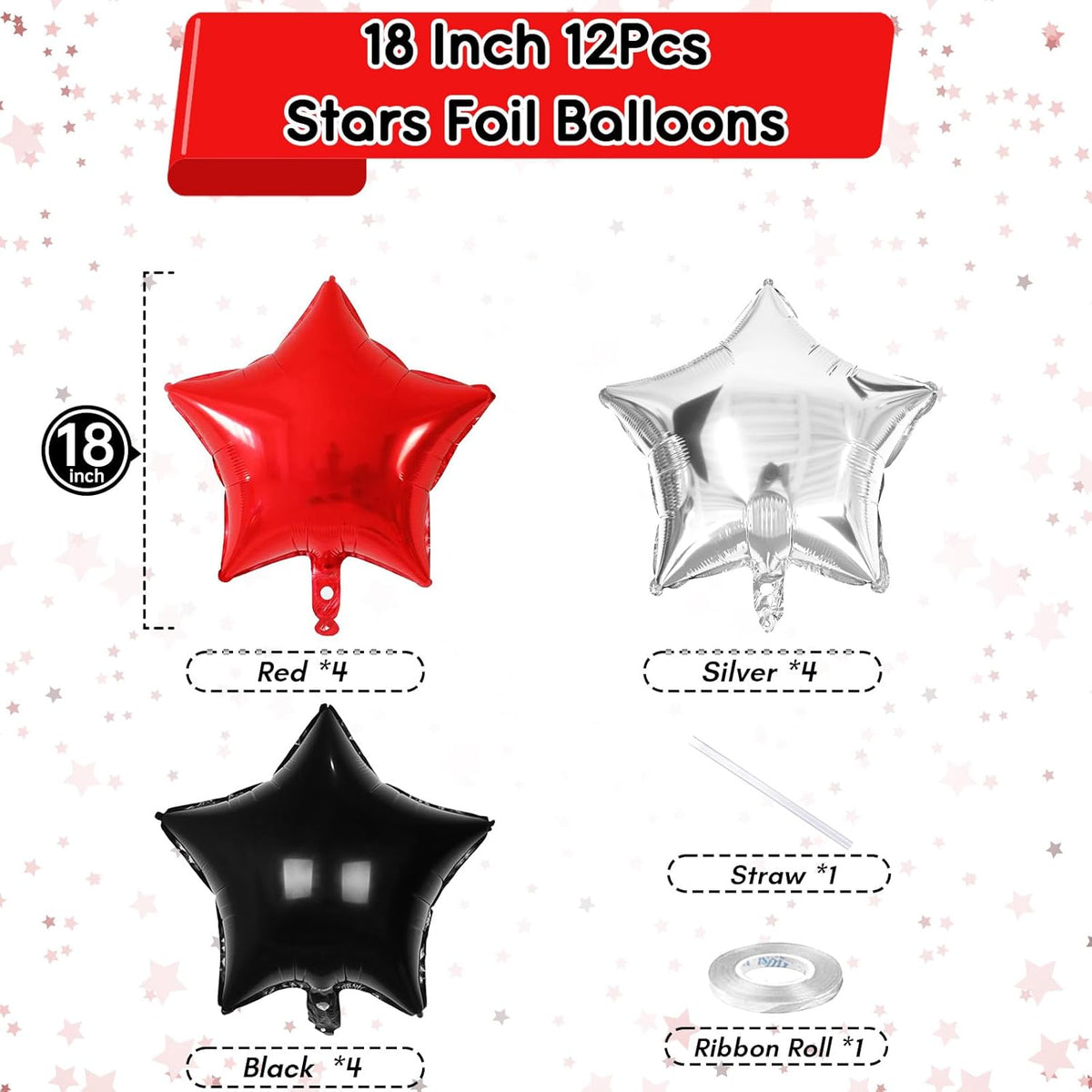 Black Red Star Balloons, 18 Inch 12Pcs Black Red and Metallic Silver Star Shape Foil Balloon, Large