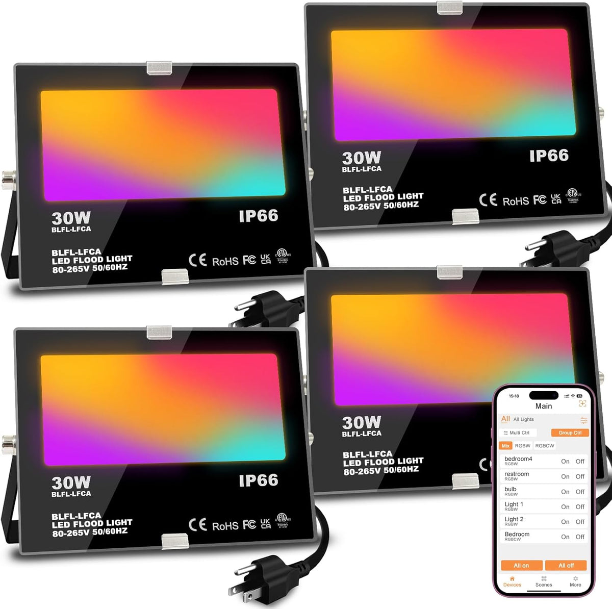 LED Flood Light Outdoor 30W, 300W Equivalent 3000LM Smart RGB Landscape Lighting with APP Control