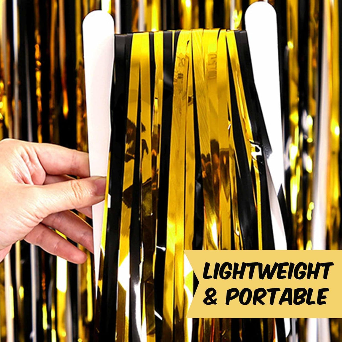 3 Pack Black and Gold Foil Fringe Curtains Backdrop, 3.28 x 9.8 Ft Metallic Streamers Tinsel