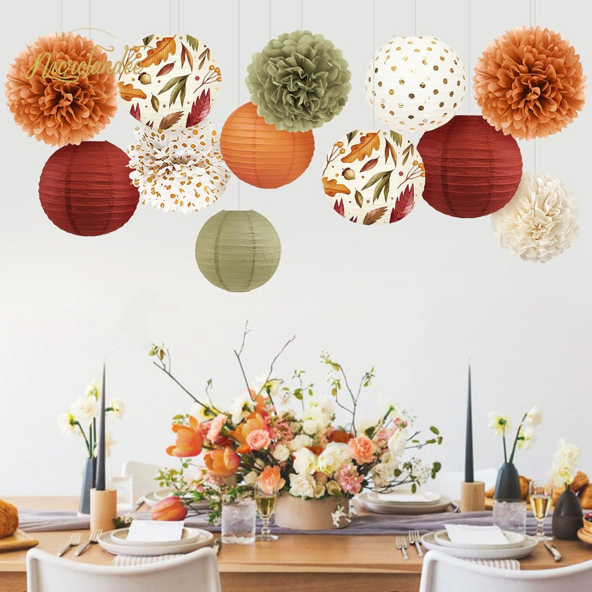 NICROLANDEE Fall Wedding Decorations, 12 PCS Orange Maple Leaf Paper Lanterns Tissue Pom Poms for
