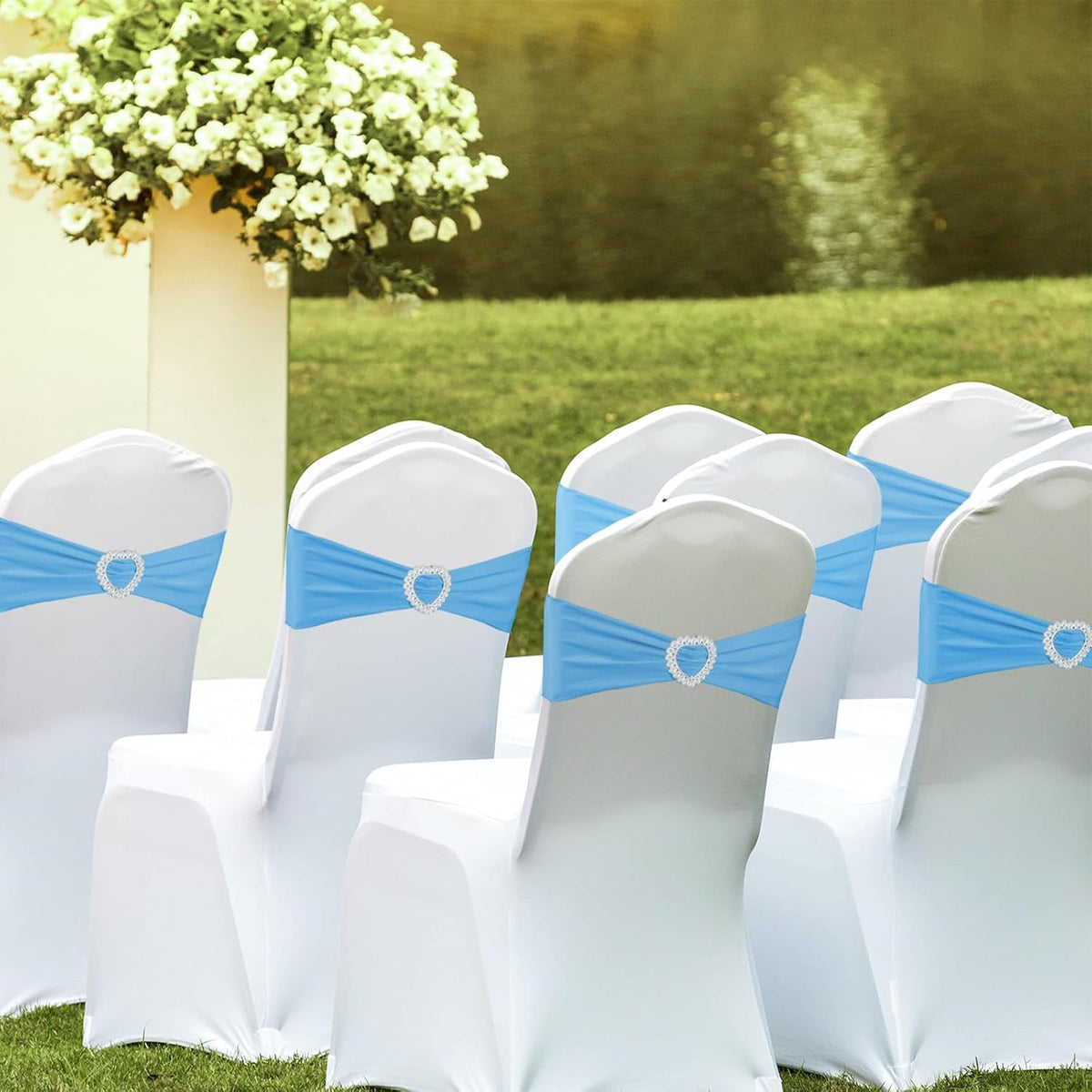 100 Pack Spandex Stretch Blue Chair Sashes Bows Universal Elastic Light Blue Chair Cover Bands Ties