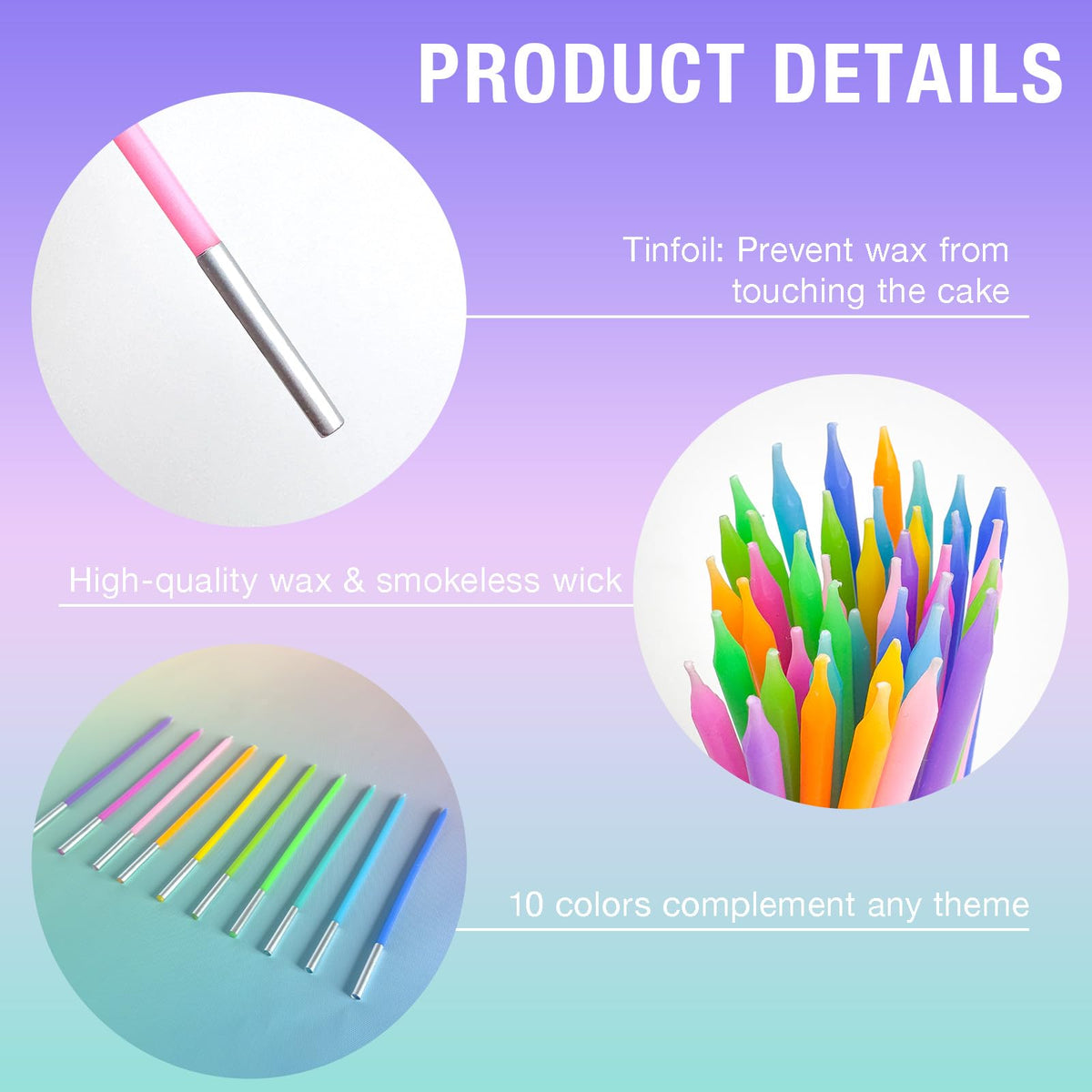 Apluselection 40-Count Rainbow Birthday Candles, Tall Thin Birthday Cake Candles Set, Rainbow