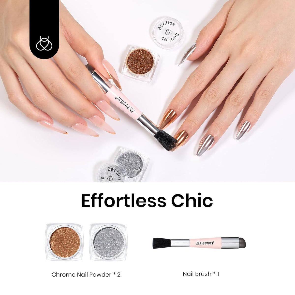 Beetles Gold Chrome Nail Powder, 2 Colors Holographic Chrome Powder Mirror Effect with Nail Brush