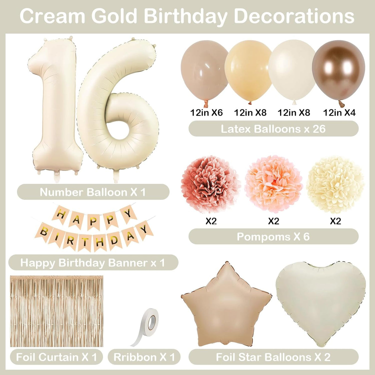 Beige 16th Birthday Decorations Girls Boys Cream Number 16 Balloon Nude Gold Happy Birthday Banner