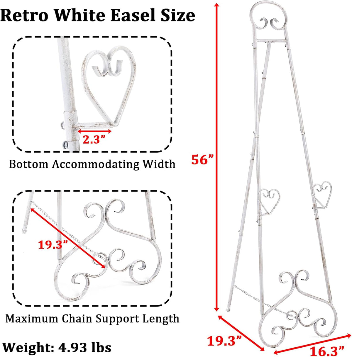 Extra Large Free Standing Adjustable Display Stand Easel with Chain Support, Retro White Decorative