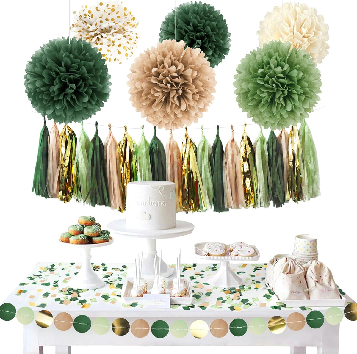 AOBKIAT Sage Green Wedding Party Decorations,28 PCS Tissue Paper Pom Poms,Circle Dots Garland Paper