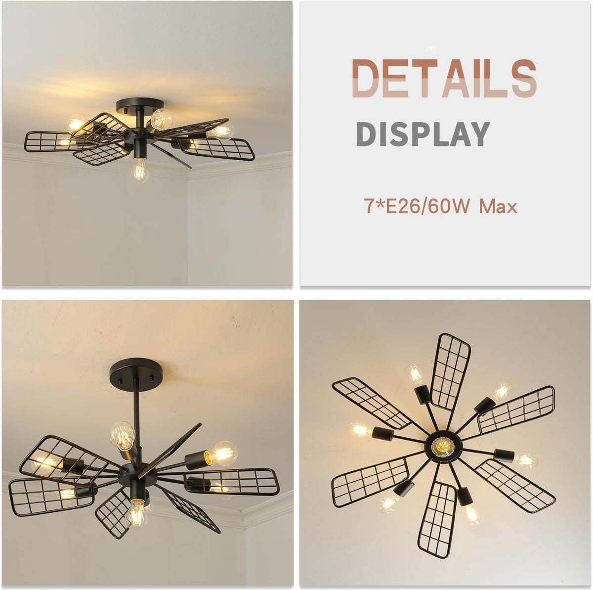 Modern Farmhouse Chandelier,28 Inch Black Metal Geometry Rustic Vintage Semi Flush Mounted Ceiling